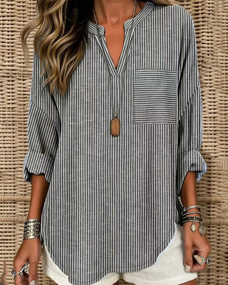 V-Neck Stripe Irregular Long Sleeve Top