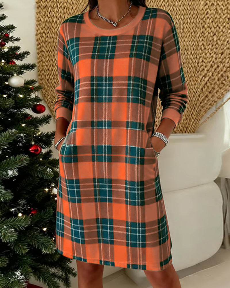 Long-Sleeved Plaid Sweatshirt Dress