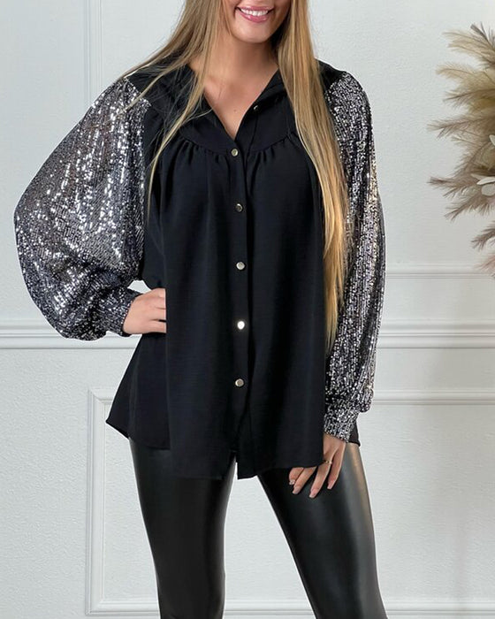 Patchwork sequined button-down shirt