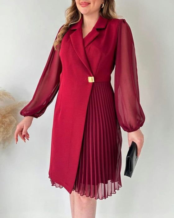 Pleated lapel long-sleeved dress