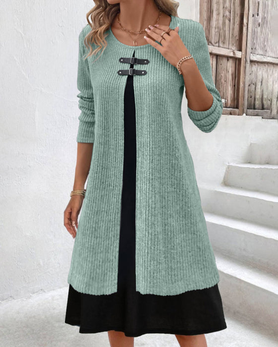 Patchwork rib long sleeve dress