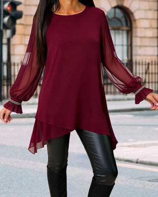 Beaded Puff Sleeve Crew Neck Blouse
