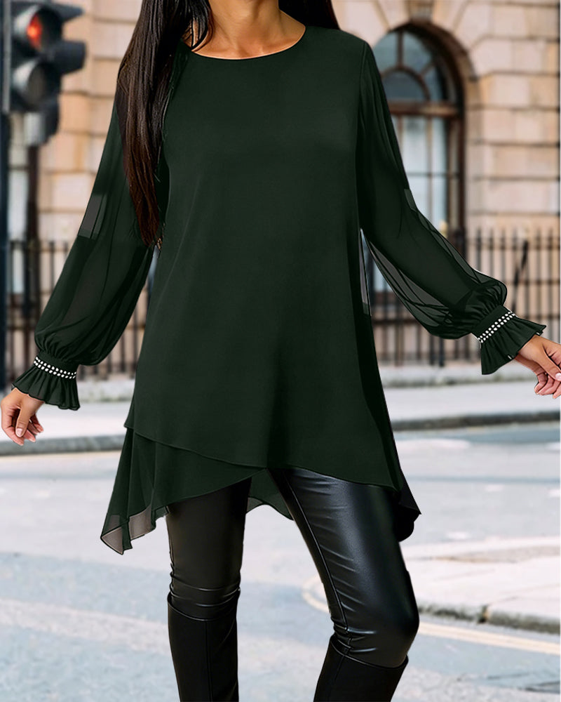 Beaded Puff Sleeve Crew Neck Blouse