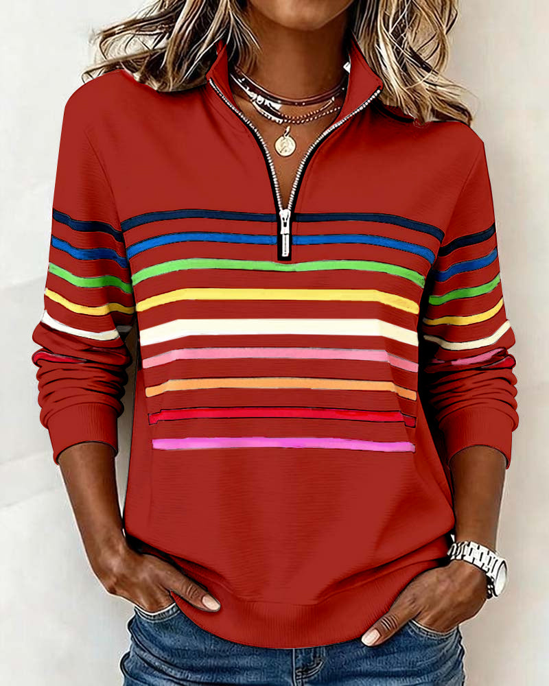 Half-Zip Collar Fashionable Rainbow Striped Sweatshirt