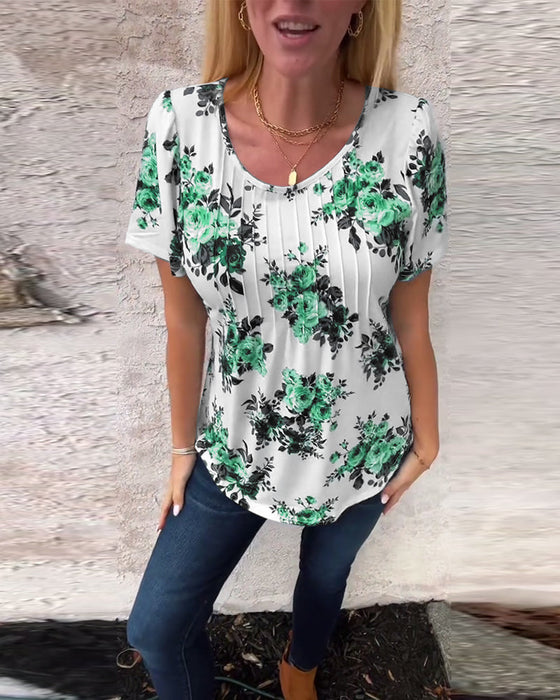 Crew Neck Floral Print Pleated T-Shirt