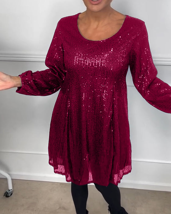 Elegant lantern sleeve sequined a-line dress