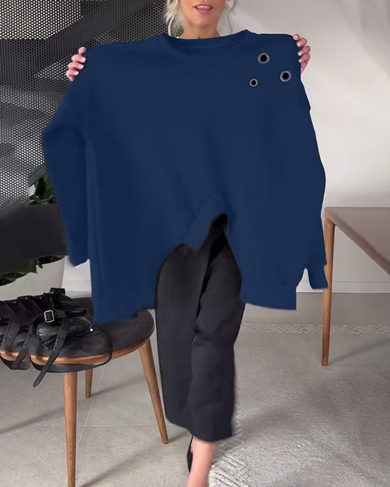 Solid color casual round neck slit sweatshirt