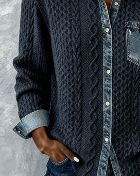 Long-Sleeved Denim Patchwork Shirt