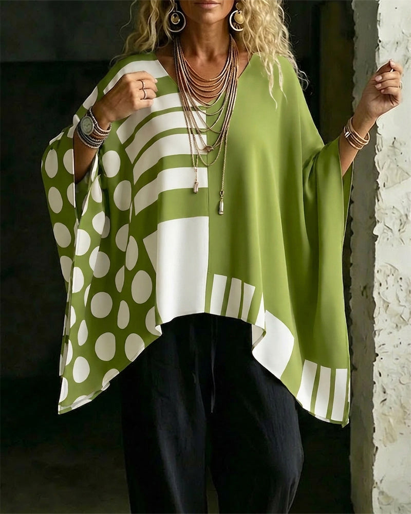 Polka Dot Stripe Patchwork V Neck Blouse