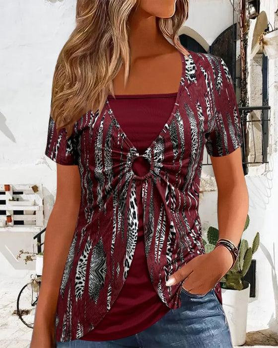 Short-Sleeved Printed Fake Two-Piece Blouse