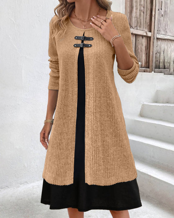 Patchwork rib long sleeve dress