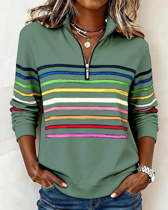 Half-Zip Collar Fashionable Rainbow Striped Sweatshirt