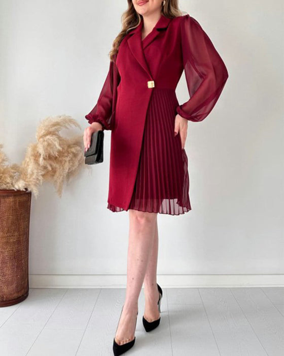 Pleated lapel long-sleeved dress
