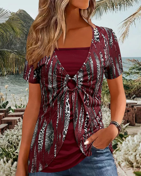 Short-Sleeved Printed Fake Two-Piece Blouse