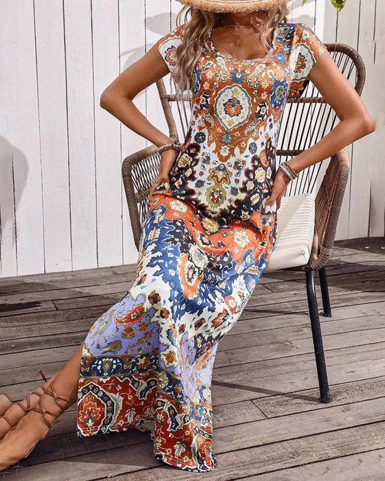Colorful printed casual dress with slits