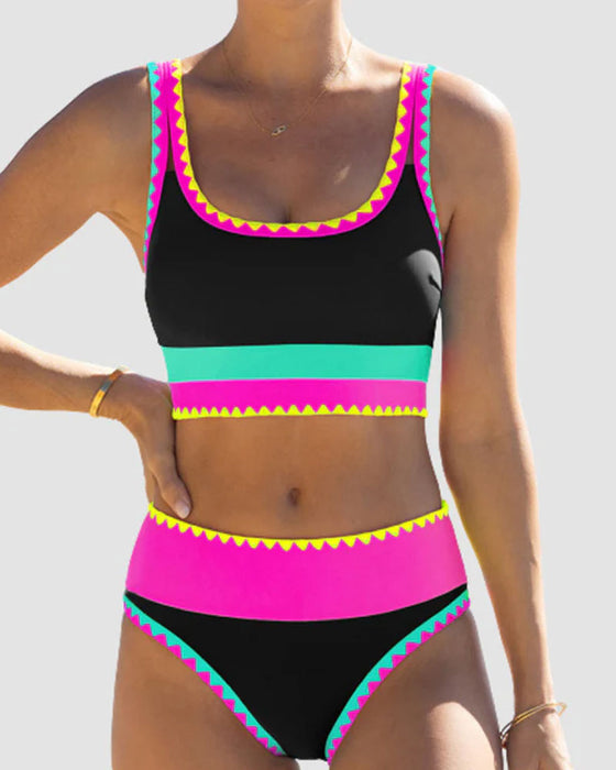 Stylish Color-Blocked Three-Piece Swimsuit