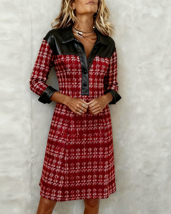 Long-Sleeved Patchwork Houndstooth Dress