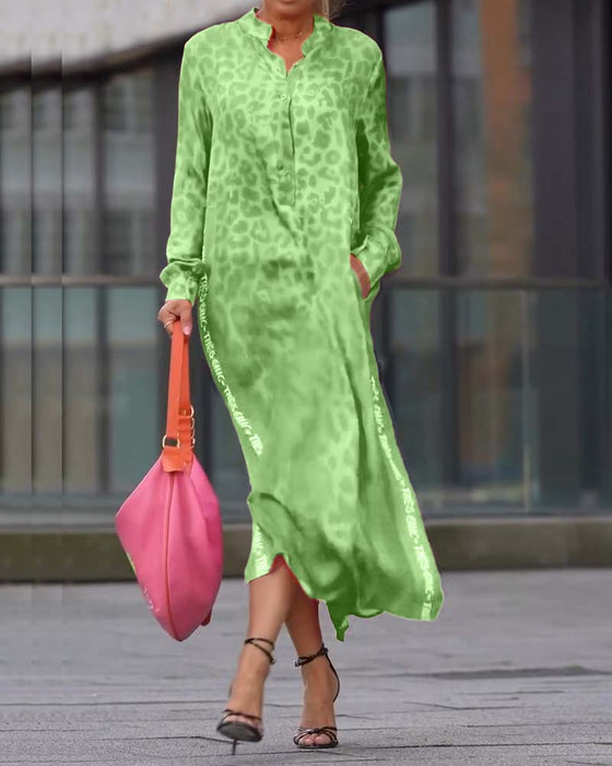 Long-Sleeved Leopard Print Slit Dress