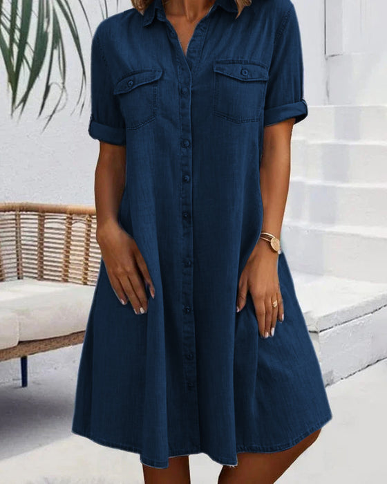 Short Sleeve Lapel Solid Button Dress