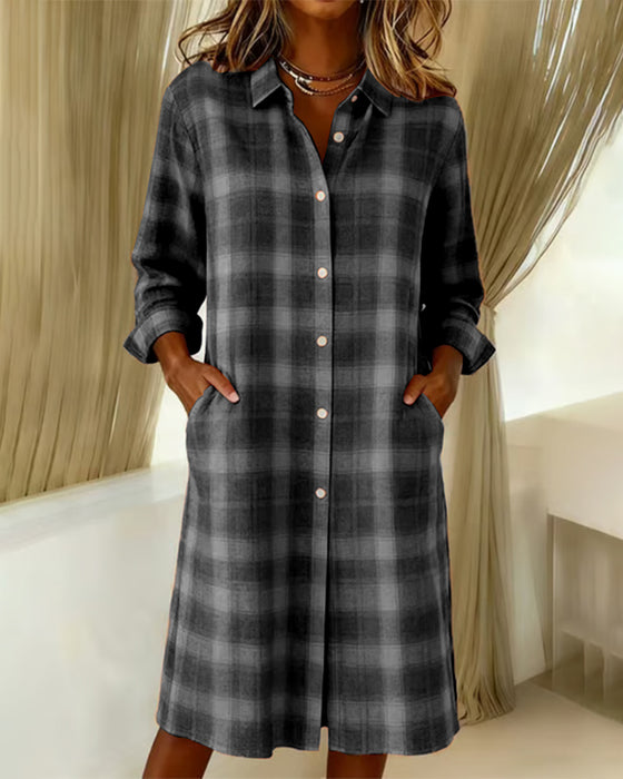 Lapel Plaid Button-Down Shirt Dress