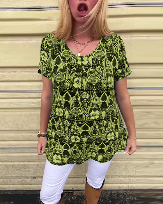 Casual Retro Crew Neck Printed T-Shirt