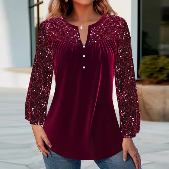 V-neck pleated sequined elegant top
