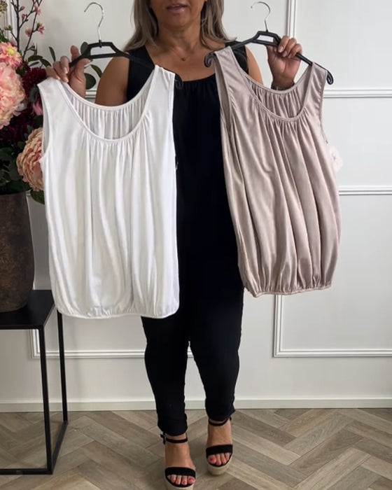 Sleeveless Solid Color Pleated Tank Top