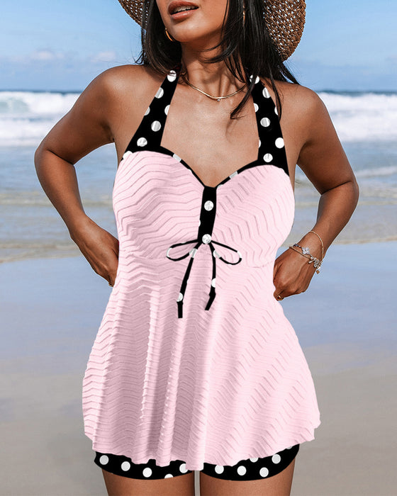 Rib polka dot print tankini swimsuit