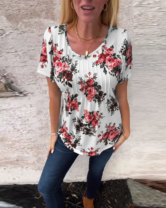 Crew Neck Floral Print Pleated T-Shirt
