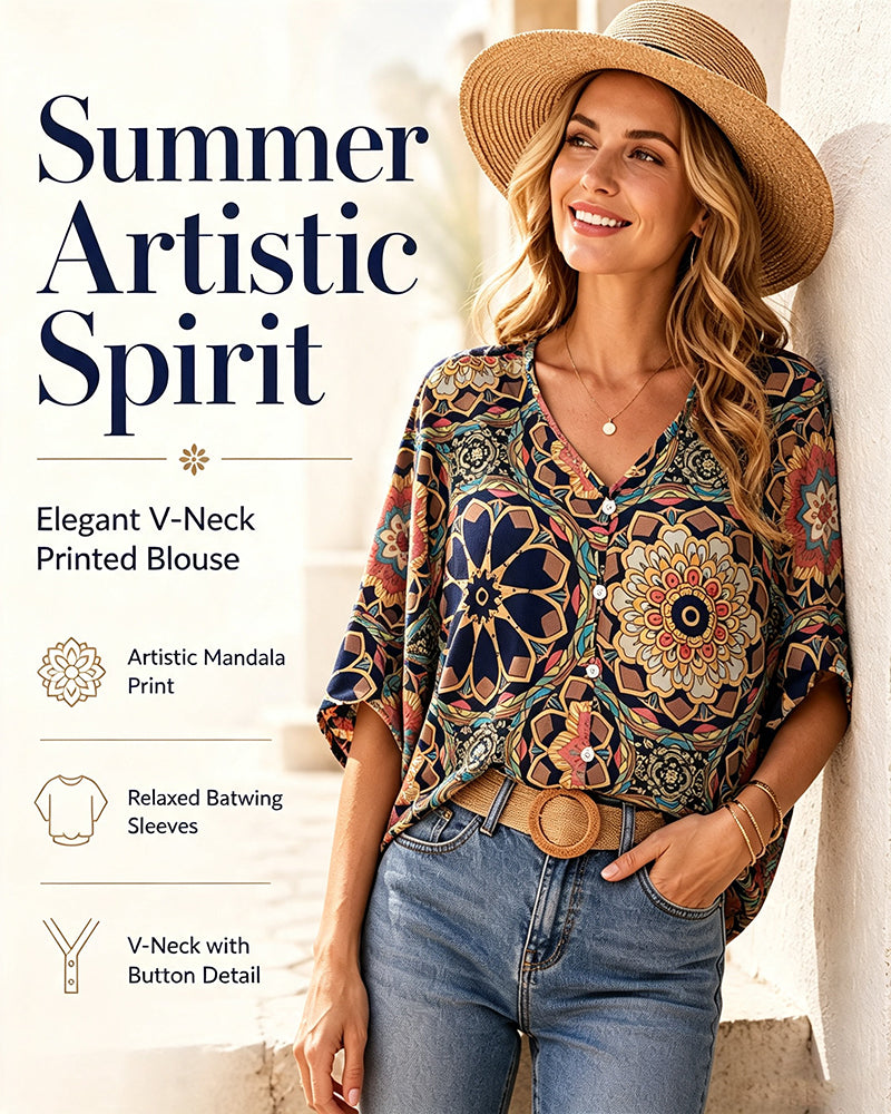 Retro printed V-neck button half sleeve blouse