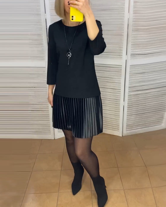 Pleated patchwork solid color dress