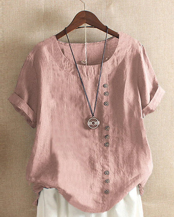 Solid Color Button Short Sleeve Top