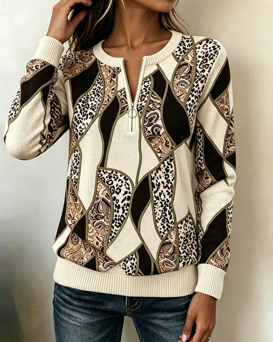Round Neck Zipper Leopard Print Patchwork Sweatshirt
