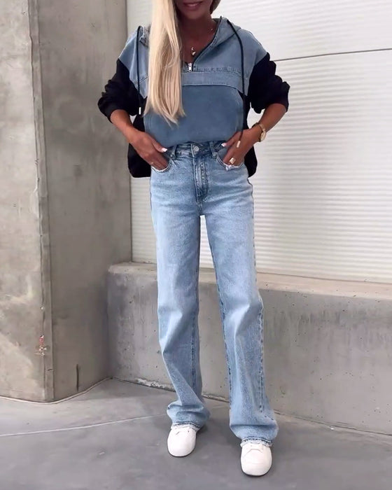 Casual denim patchwork zipper hoodie