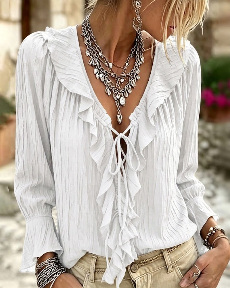 Ruffle Trim Lace-Up Long Sleeve Blouse