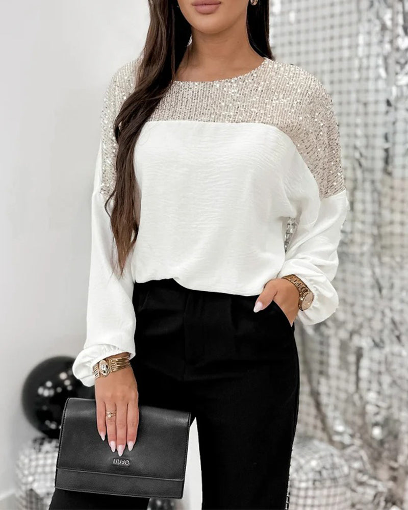 Batwing Sleeve Sequined Patchwork Top