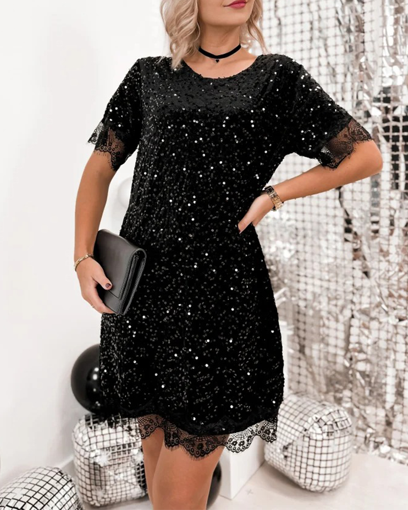 Patchwork Sequined Short-Sleeved Dress