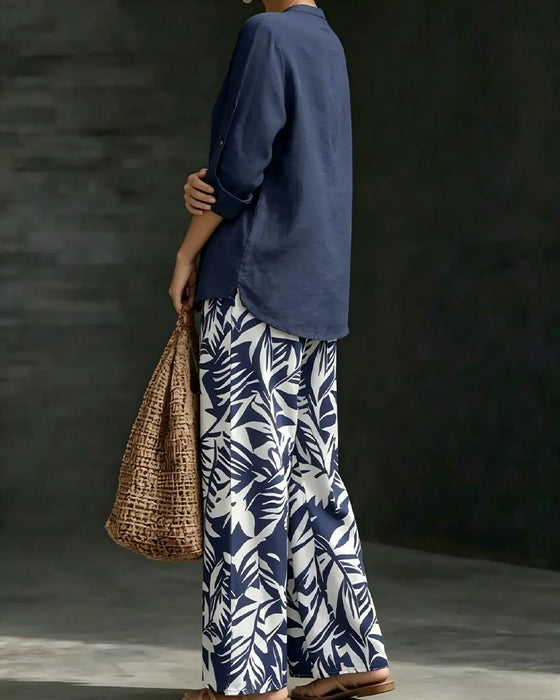 Button-Up Shirt With Printed Wide-Leg Pants Set