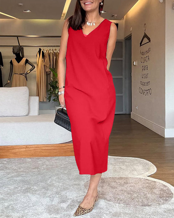 Casual V-neck Sleeveless Solid Color Split Dress
