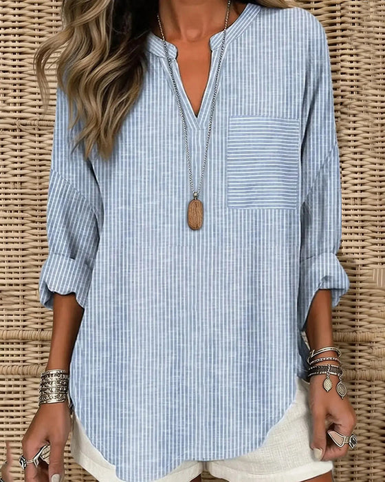 V-Neck Stripe Irregular Long Sleeve Top