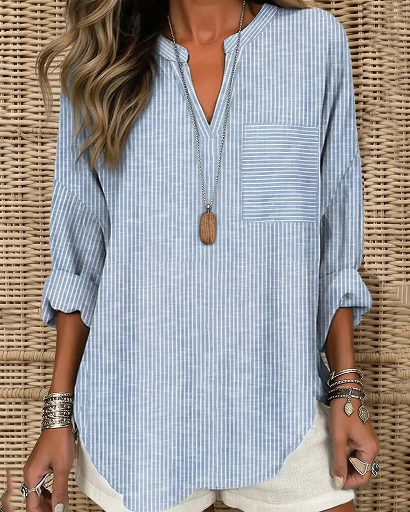 V-Neck Stripe Irregular Long Sleeve Top