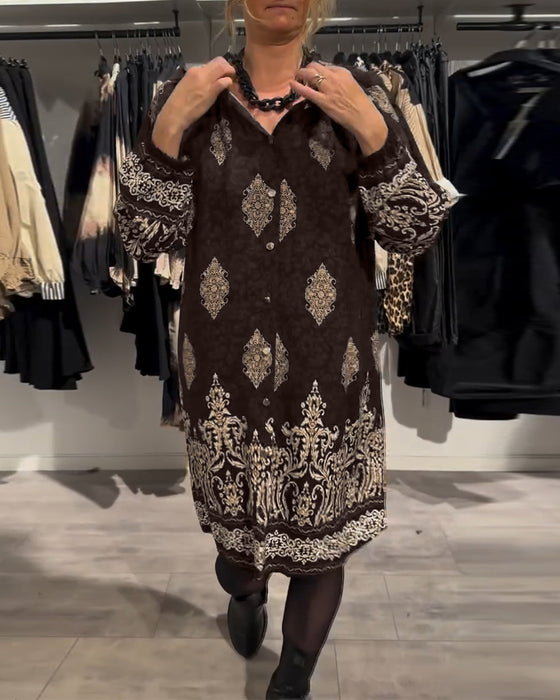 Lapel button-down vintage print dress