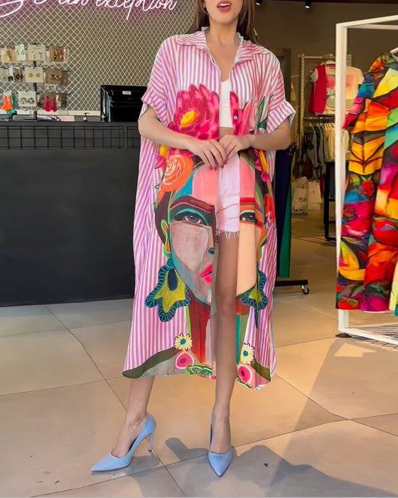 Vertical striped character print lapel slit blouse