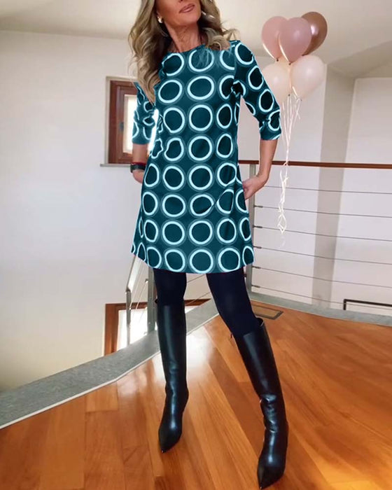 Round neck circle print casual dress