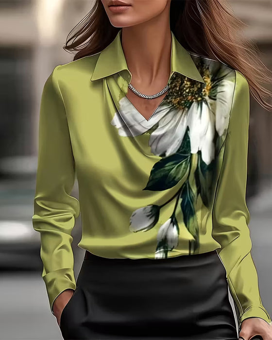 Lapel Straight Shoulder Printed Blouse