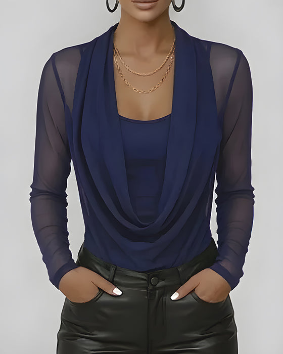 Mesh Layered Cowl Neck Long Sleeve Two-Piece Set