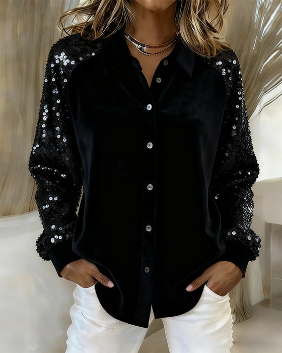 Lapel Sequined Long-Sleeved Shirt