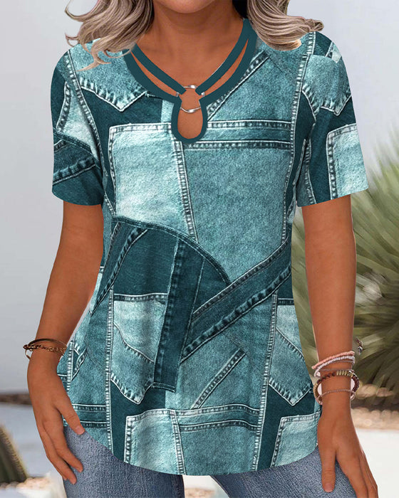 Vintage Denim Contrast Hollow Blouse