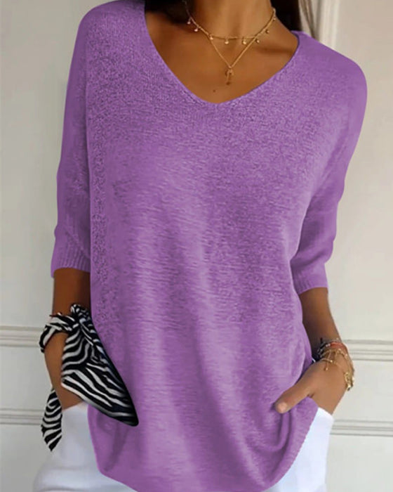 💖 Solid Color Knitted Top With V-Neck