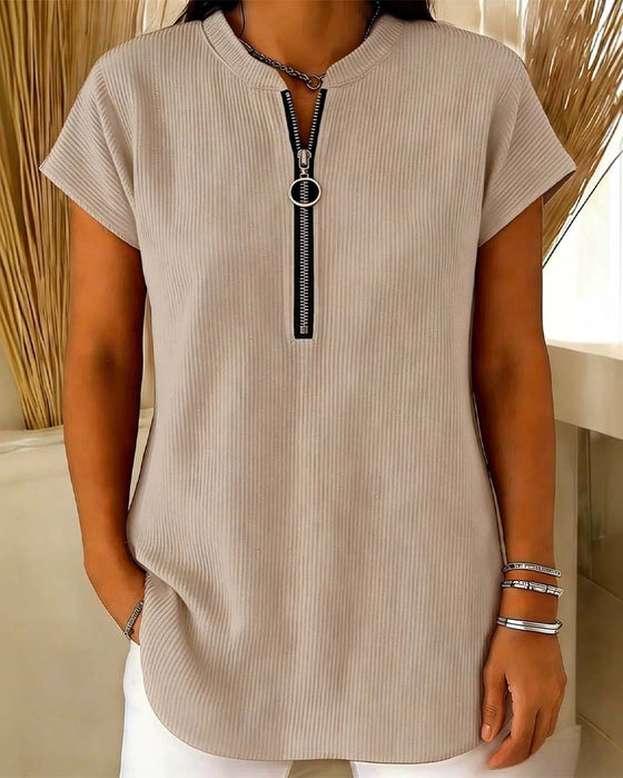 Solid Short Sleeve Zip Blouse